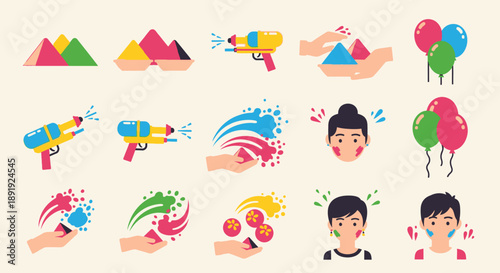 Vibrant Holi Celebration with Colorful Powders and Balloons in Joyful Atmosphere