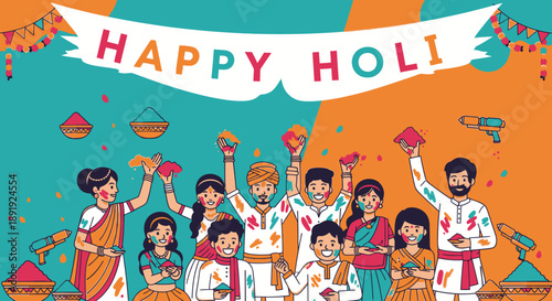 Vibrant Holi celebration illustration with people joyfully throwing colorful powders in the air from a lively street viewpoint