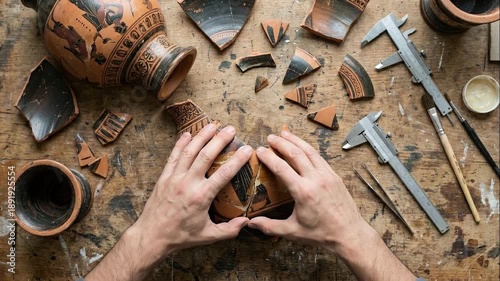 Top view of hands restoring a broken ancient pottery vase on a wooden table. Archaeologist repairing a ceramic artifact with tools. Historical conservation concept