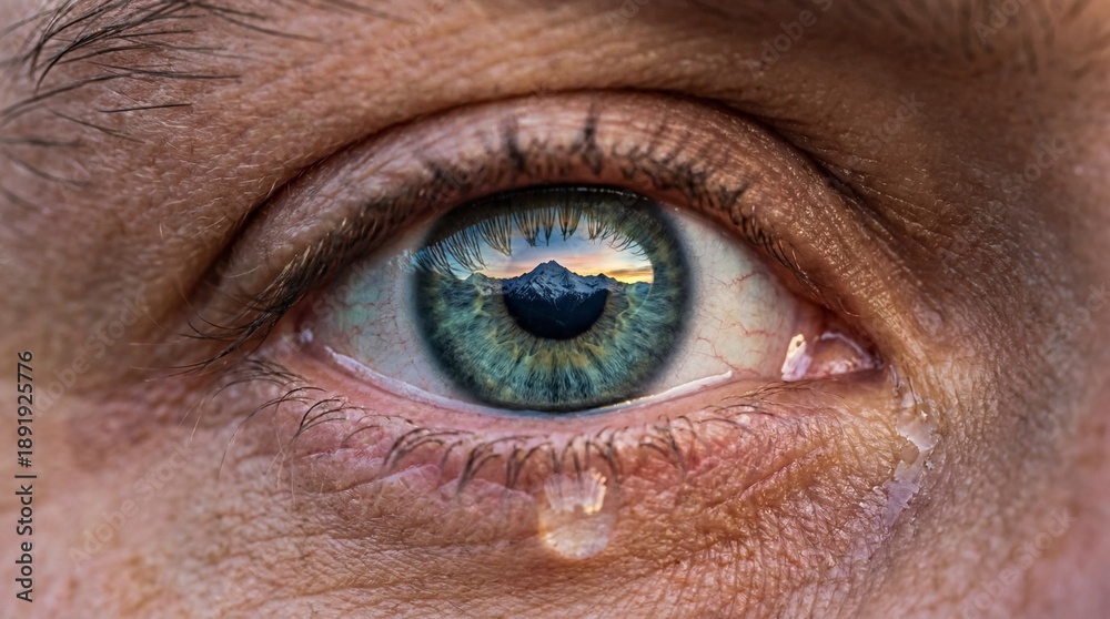 Fototapeta premium Macro Human Eye with Tear and Mountain Landscape Reflection