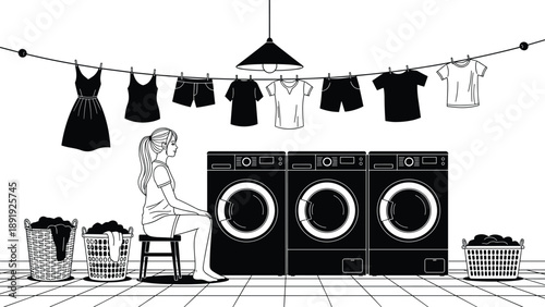 Woman sitting in laundry room with washing machines dryers baskets of clothes and apparel hanging on a clothesline vector illustration