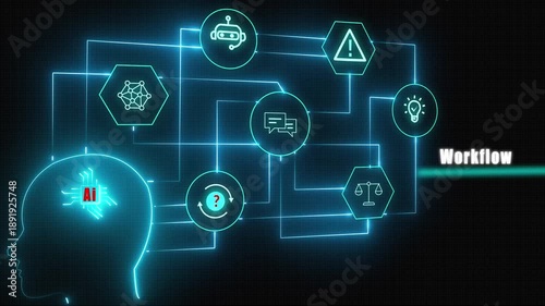 Futuristic AI workflow animation illustrating intelligent process orchestration and automated task management through advanced neural networks for modern business efficiency.
