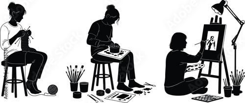 Women Artisans Silhouette Set Featuring Knitting Pottery and Painting for Creative Hobbies Arts and Crafts Studio and DIY Workshop Projects