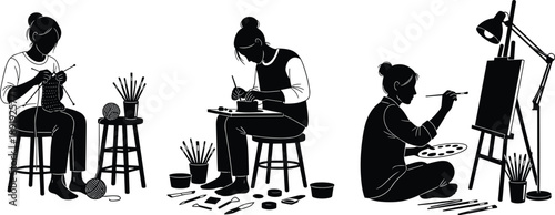 Women Artisans Silhouette Set for Creative Hobbies Including Knitting Pottery and Painting in Art Studio DIY Workshop and Crafting Spaces