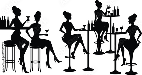 Women Socializing and Drinking Cocktails Silhouette Set, Girls Night Out in Bar or Pub Sitting at Stools, Elegant Ladies Vector Illustration Collection.