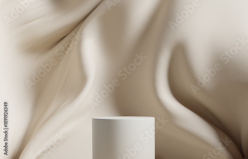 3D display podium beige background. Luxury flying cloth in motion. Glamour minimal pedestal for beauty, cosmetic product presentation. Feminine bright template with copy space. Studio 3d render