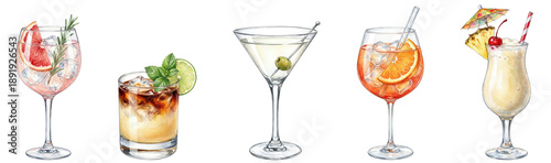 watercolor cocktail illustrations: pink grapefruit gin spritz, mai tai, martini, aperol spritz and pina colada, isolated illustration