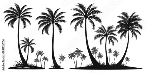 A serene tropical island scene with palm trees, stars, sparkle icons, and unique silhouettes in a black and white vector illustration