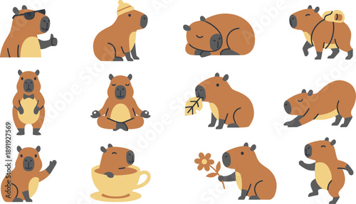 Capybaras engaging in various activities, sitting, standing, and relaxing in a serene environment, illustration, new4.eps reference