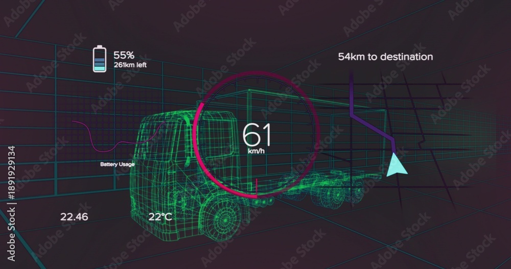 Fototapeta premium Displaying wireframe truck-trailer navigating grid-tunnel, showing HUD 61km or h, batt55%261km nav54