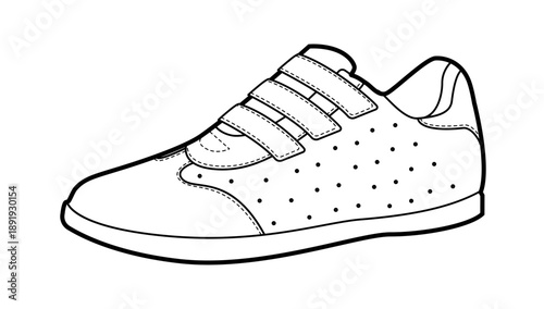 Velcro sneaker shoe single sketch. Strap sport footwear for school, park walk, relaxed weekend outfit man woman unisex. Technical fashion illustration, CAD mockup, clean vector isolated casual style.
