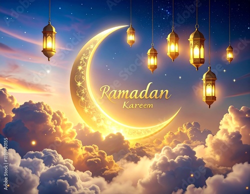 Glowing crescent moon with Ramadan Kareem text amidst hanging lanterns in a dreamy, surreal, cloudy sky at dusk with vibrant colors.
