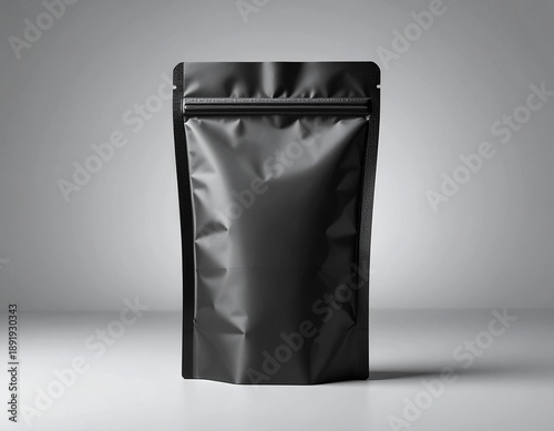 black grey stand-up pouch mockup isolated on a clean grey background with soft shadow detail.