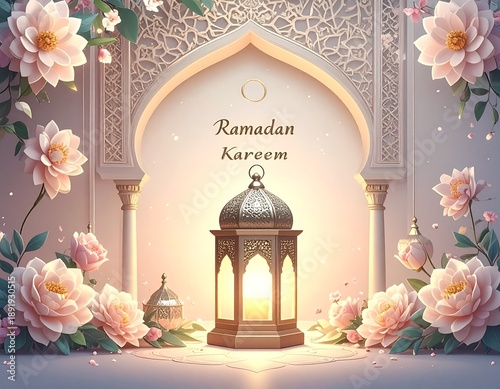 Elegant Ramadan Kareem celebration with ornate lantern, pink roses, and intricate archway in traditional Islamic art style, soft pastel colors, and festive atmosphere.