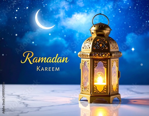 Beautiful golden lantern glowing softly under starry night sky with crescent moon during Ramadan Kareem, digital art, serene and peaceful ambiance.