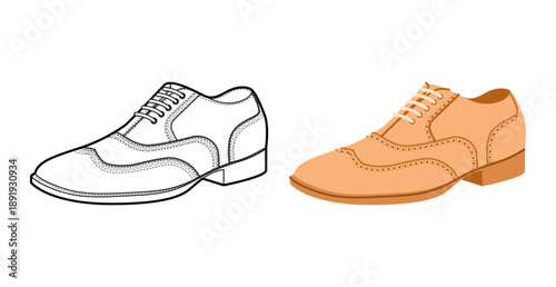 Brogue mens beige flat plus line shoe set. Perforated leather footwear with classic wingtip detail smart casual office style. Technical illustration CAD mockup sketch vector outline isolated on white.