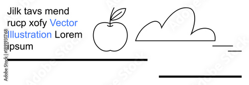Educational content, design concepts, minimalism, abstract layouts, book covers, text alignment. Features an apple and a cloud with text and lines. Educational content and design concept