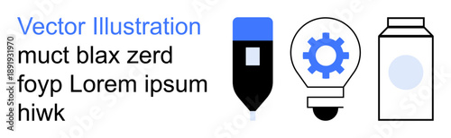 Creative process, productivity, innovation, packaging, design, technology. A pen, gear-lightbulb and carton box united in a flat design. Innovation and productivity concept