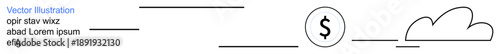 Cloud technology, online payments, data transfer, financial management, e-commerce, digital storage solutions. A cloud, a dollar symbol and connected lines. Cloud technology and online payments