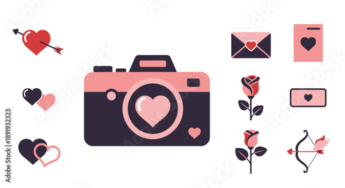 Billede på lærred Camera and Heart Symbols for Valentine.