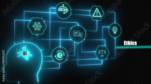 Futuristic neon animation depicting artificial intelligence ethics concepts, including transparency fairness accountability digital privacy and human centered regulation for modern technology.

