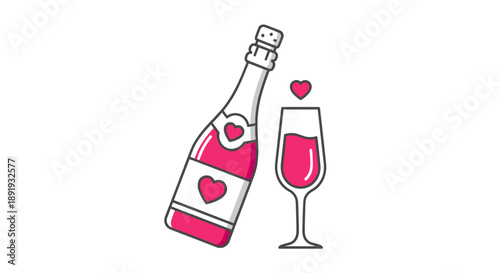 Champagne Bottle and Wine Glass Illustration.