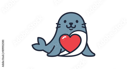 Cartoon Seal Holding Heart Illustration.