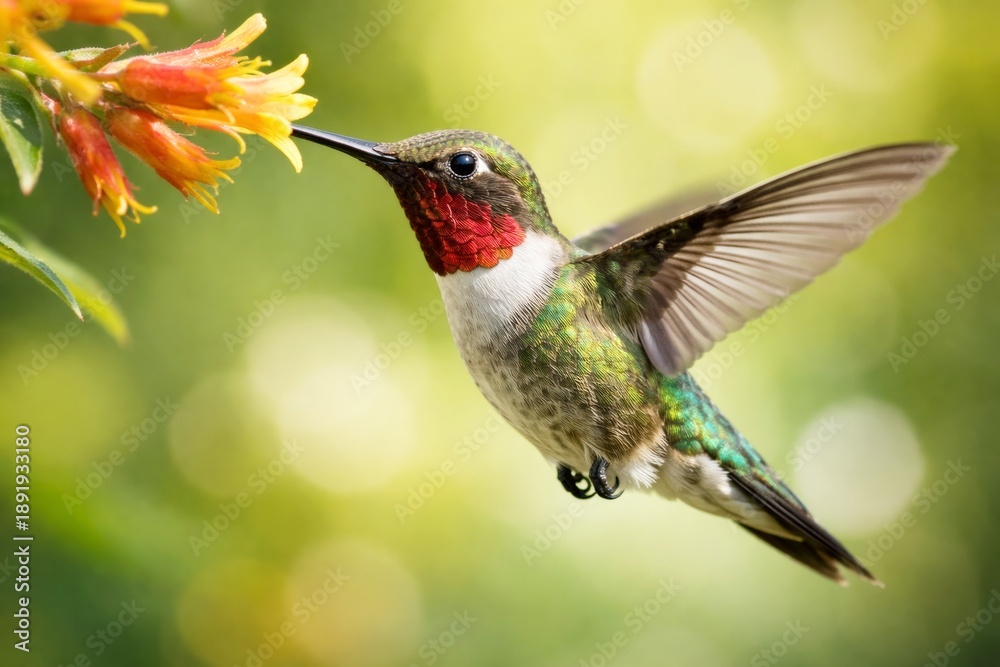 Obraz premium Ruby-throated hummingbird feeding on nectar from a vibrant orange flower