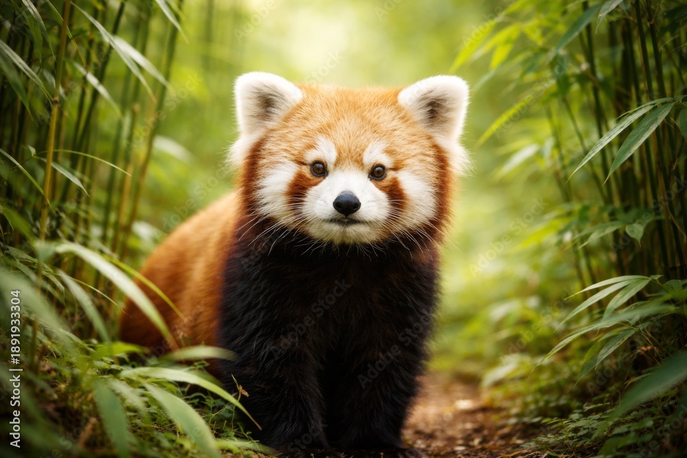 Obraz premium Adorable red panda sitting in a lush bamboo forest, looking directly at the camera