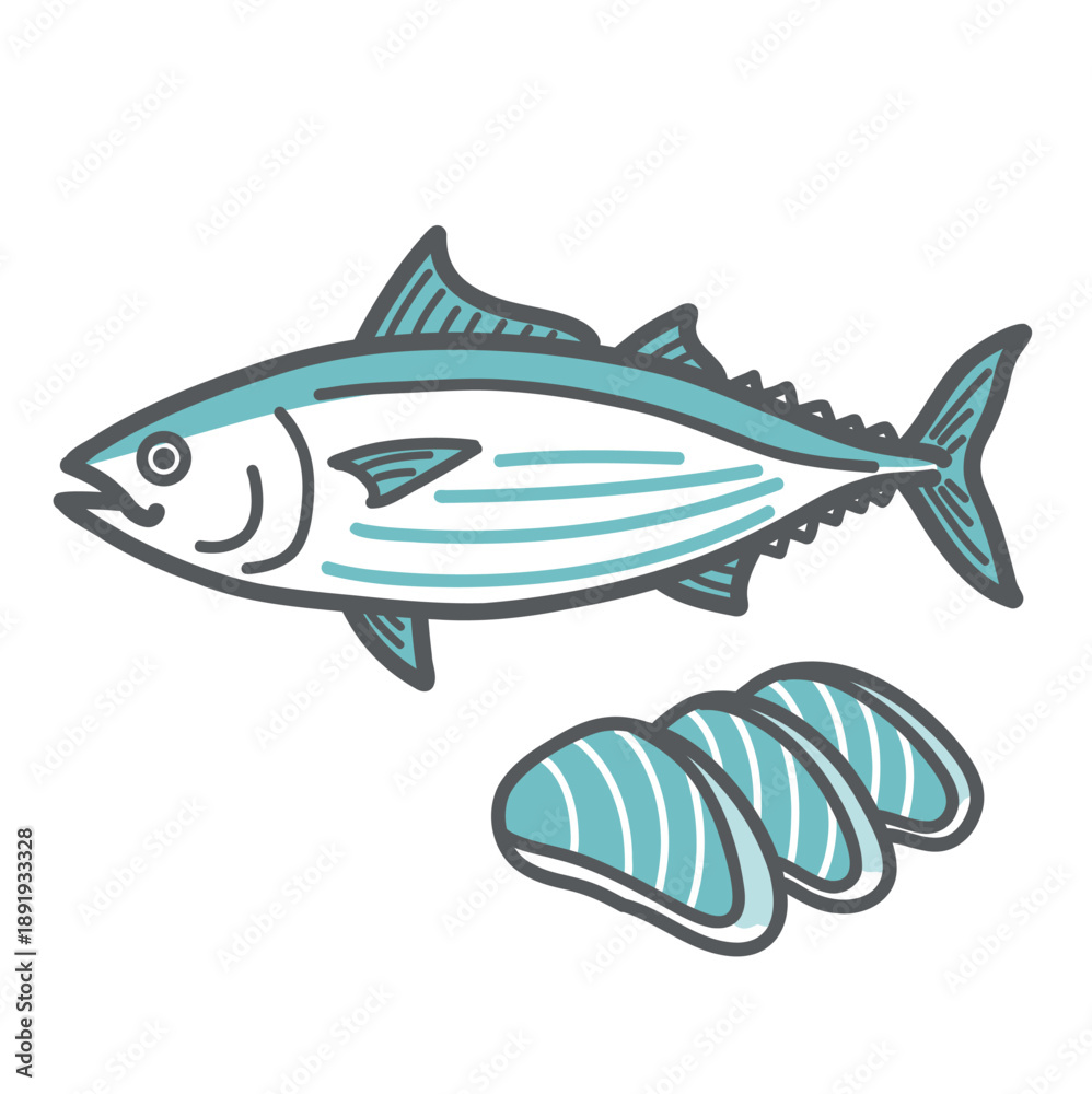 Obraz premium 鰹（カツオ）と刺身のイラスト（タンパク質食材/魚）