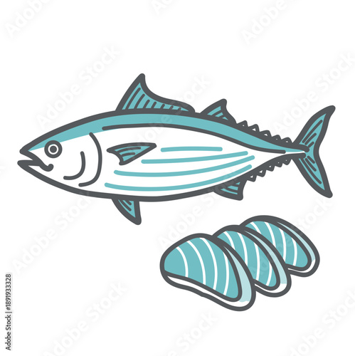 鰹（カツオ）と刺身のイラスト（タンパク質食材/魚）