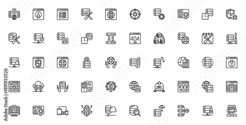 Web Hosting icon set. Vector server and tech symbols. Includes globe, upload, server, SSL, shield, database, error 404, bandwidth, cloud, tech support and more. Editable stroke.