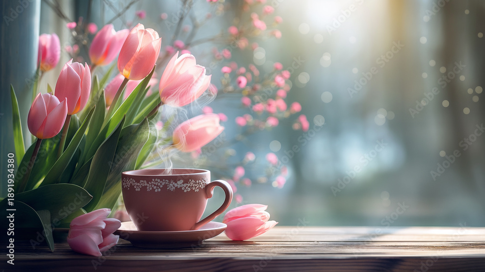 Fototapeta premium Kartka z życzeniami na międzynarodowy dzień kobiet. Kobieta i tulipany.