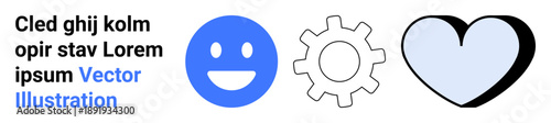 Happiness, technology, love, emotion, connection, and support. A blue smile face, gear icon and heart symbol. Happiness and technology concepts illustrated through minimalistic symbols