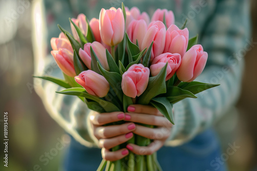 Kartka z życzeniami na międzynarodowy dzień kobiet. Kobieta i tulipany. © Paweł Ziółkowski