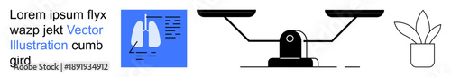 Healthcare resources, legal fairness, environmental balance, minimalism, educational tools, graphic design. Diagram of lungs, balance scale potted plant. Healthcare and legal fairness ideas