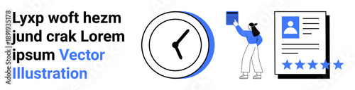 Time management, productivity, quality assurance, evaluation, professionalism, organization. A clock, person holding a clipboard and a document with star ratings. Time management and productivity