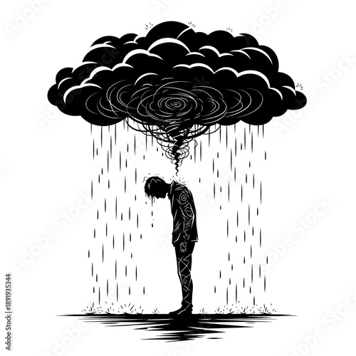 Man Underneath A Dark Storm Cloud Raining Heavily.