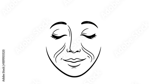 Relaxed Face with Closed Eyes and Gentle Smile Line Art.