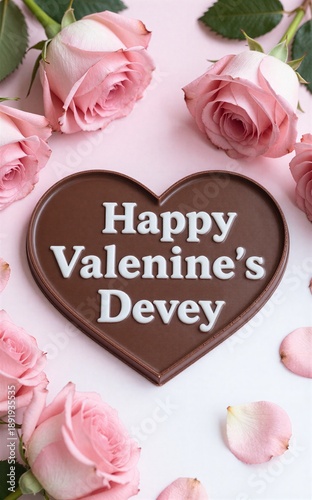 Pink roses surround heart-shaped chocolate saying 