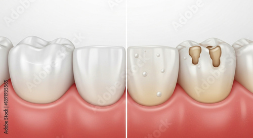 Healthy teeth with and without dental decay or cavities