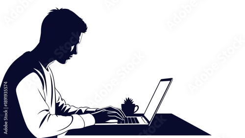Silhouette of a man working on a laptop with intense focus.