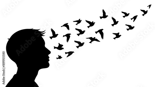Silhouette of a mans head with birds flying out of it.
