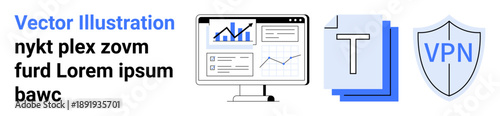 Data analysis, cybersecurity, remote work, privacy tools, cloud storage, digital security. Computer screen with graph, text files and a shield labeled VPN. Data analysis and cybersecurity concept