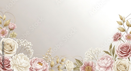 Floral arrangement with roses, peony, leaves and small white blossoms