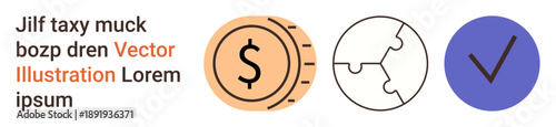 Finance, economy, business solutions, teamwork, success, decision-making. Dollar symbol coin, puzzle piece and checkmark icon set. Finance and business solutions concept
