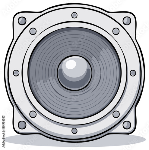 Grayscale audio speaker driver illustration with a bold comic book style