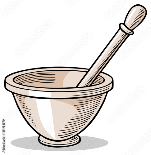 Mortar and pestle sketch drawing for grinding herbs and spices ingredient preparation cooking process vector illustration design