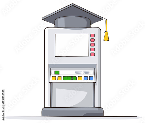 ATM Machine Topped with Mortarboard Symbolizes Investment in Higher Education