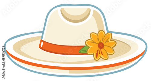 Cute illustrated summer sun hat with a decorative flower and orange ribbon